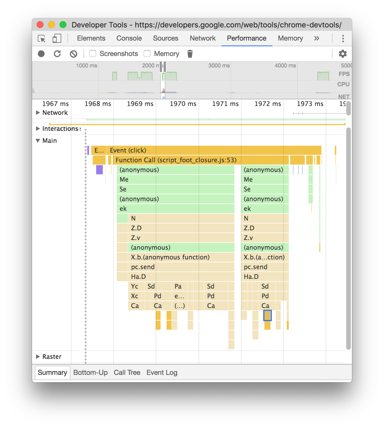 Screenshot of an icicle graph. The graph grows downwards.