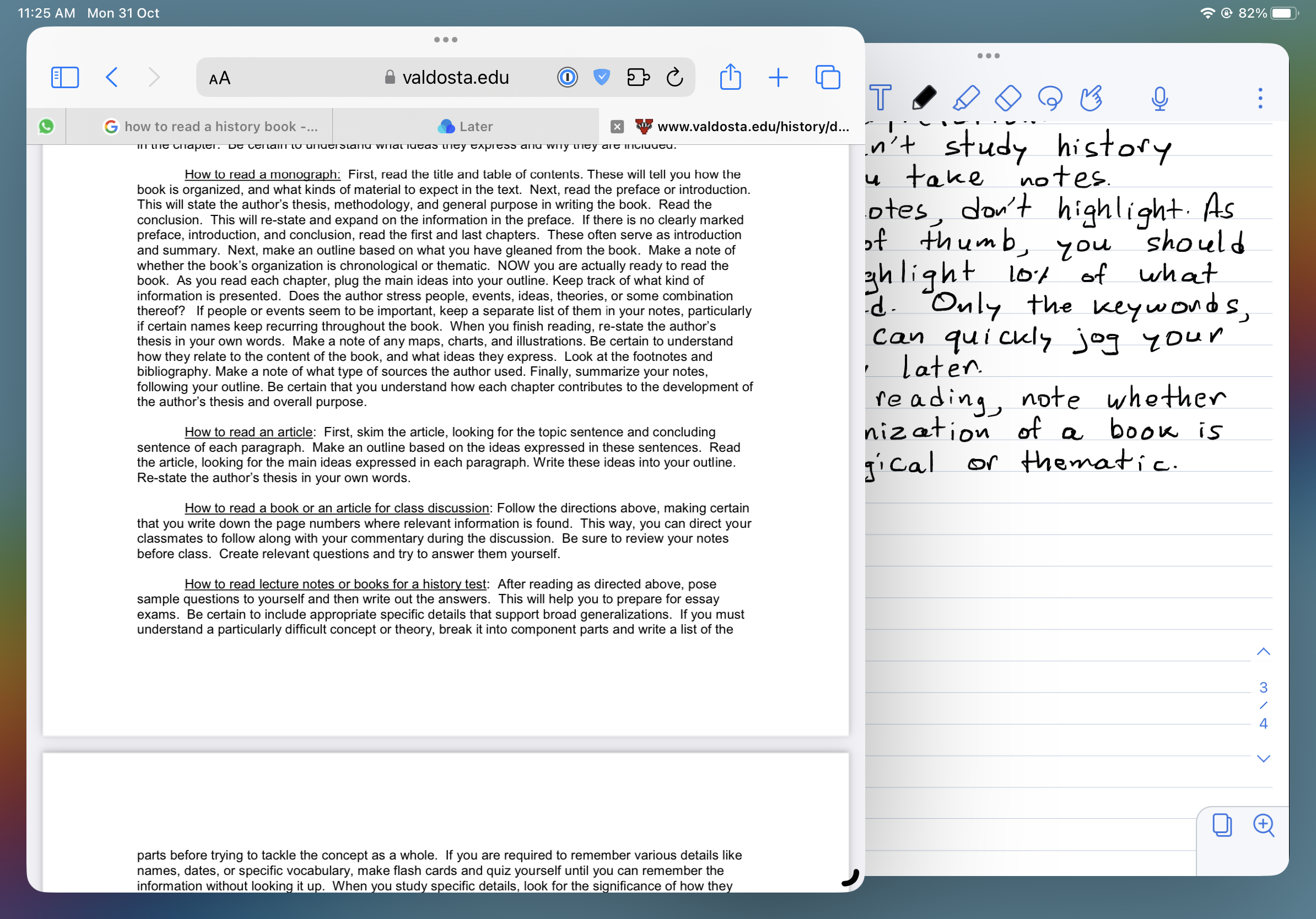 Screenshot of Safari and Notability running side-by-side on iPadOS. Safari is displaying a PDF file, while Notability is displaying the handwritten notes I took on the PDF.