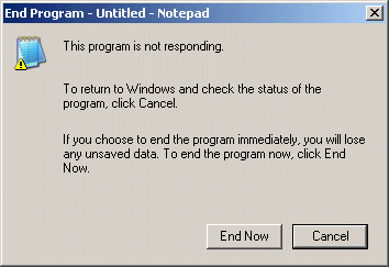 A screenshot of the End Program dialog box from Windows XP. It informs the user that the program is not responding, and allows them to choose between two options: 'End Now' or 'Cancel'.