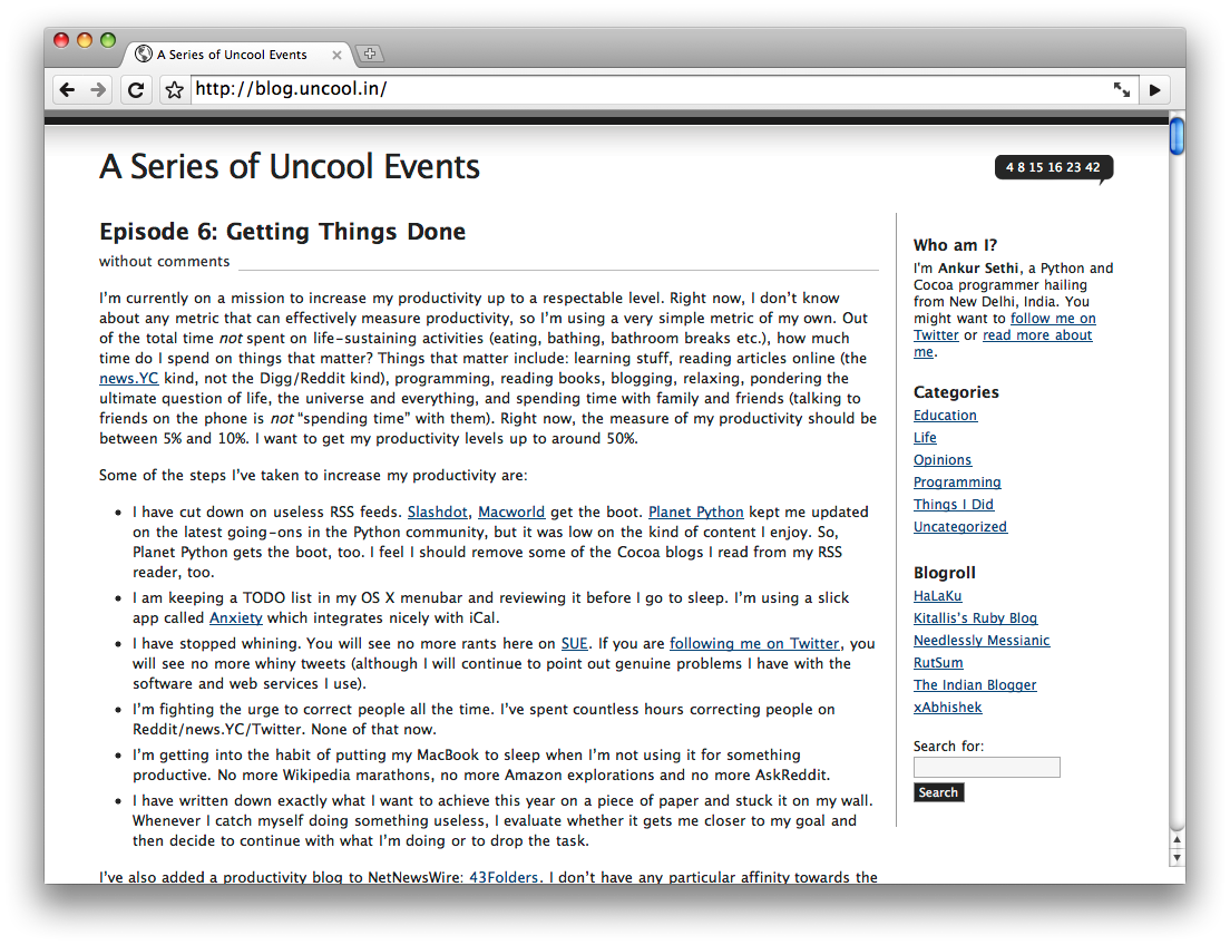 A screenshot of Google Chrome rendering the front page of this website. The browser window is notable for its simplicity and minimalism. There are very few UI controls on the screen, leaving most of the space on the screen for displaying the website.