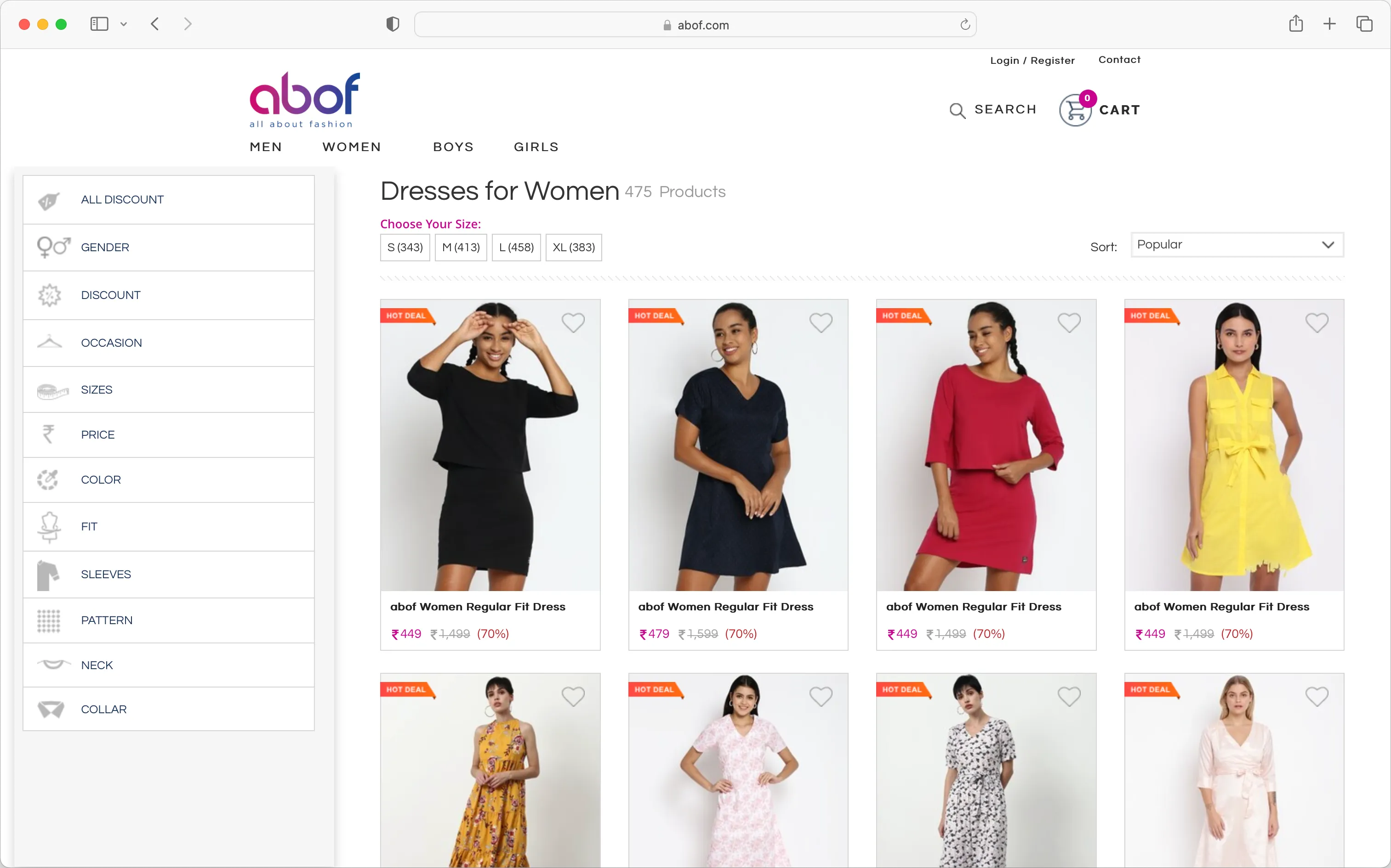 A product listing page on abof.com displaying dresses for women. The page shows several models wearing different styles of dresses with discount labels reading ‘Hot Deal.’ Filters for selecting size, gender, discount, occasion, and other options are visible on the left sidebar. The dresses are displayed with prices, showing significant discounts.