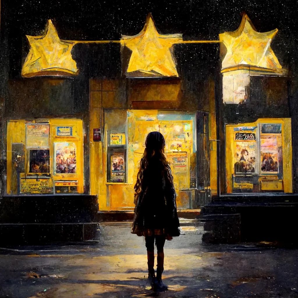 AI generated image of a girl dressed in black standing outside a movie theater.