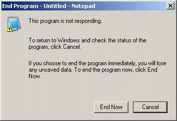 A screenshot of the End Program dialog box from Windows XP. It informs the user that the program is not responding, and allows them to choose between two options: &#x27;End Now&#x27; or &#x27;Cancel&#x27;.