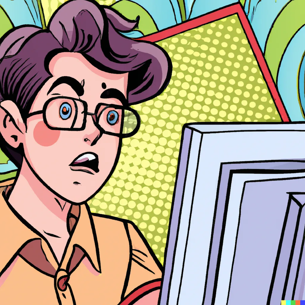 AI generated image of a comic book panel depicting a boy with glasses surprised at something on his computer screen.